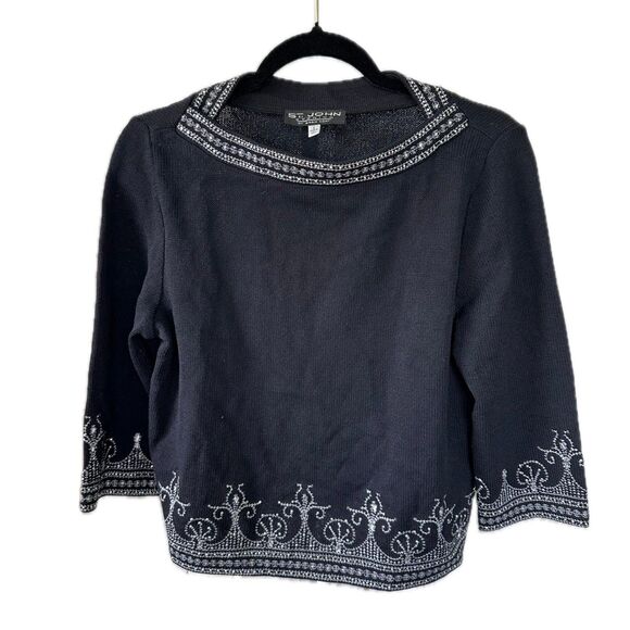 St. John Evening Jeweled Embroidered Black Cropped Bateau Neck Knit Sweater 6 - Picture 1 of 7